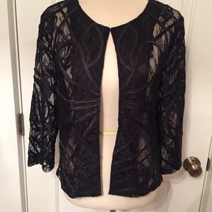 DAMEE INC. JACKET TOPPER BLACK SHEER LACE FLORAL RIBBON COAT Size M